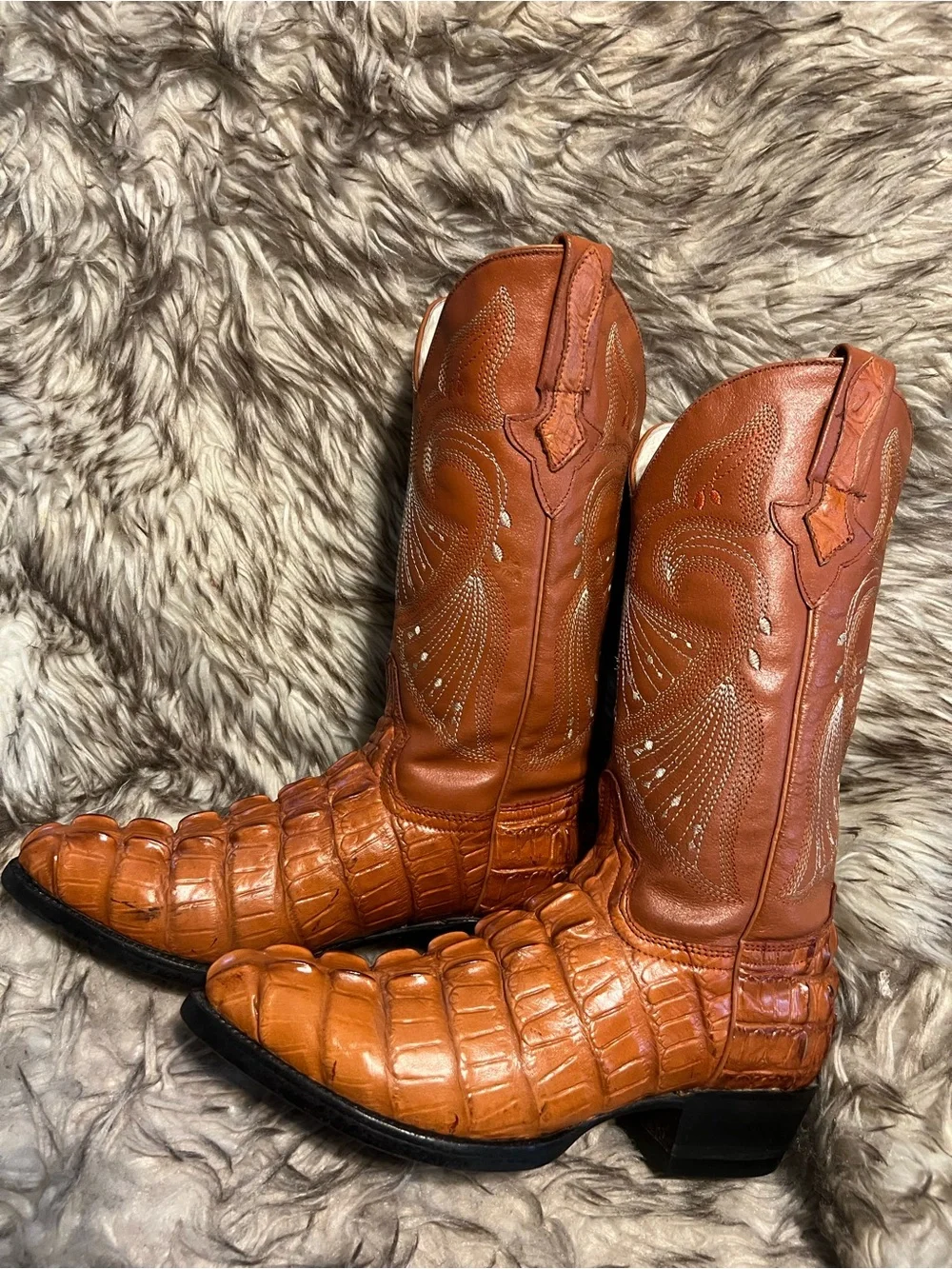 Men's ESPOLON Exotic CAIMAN PRINT & Leather Western Boots in Cognac Brown Sz 6